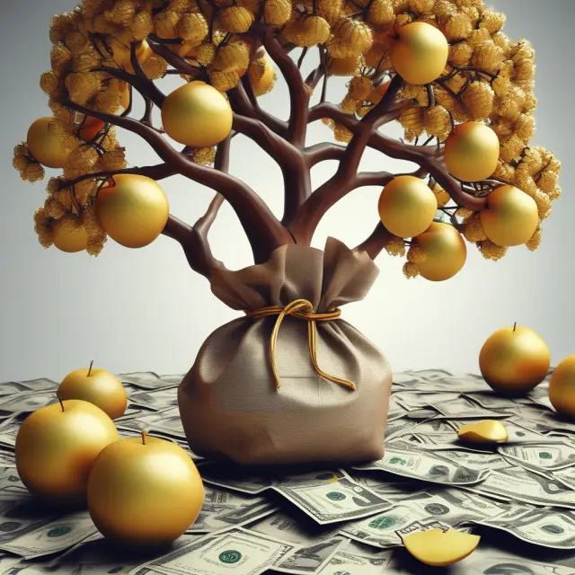 Golden apple tree growing from a money bag, illustrating compounding strategies: frequent contributions, long-term investments, and portfolio diversification.