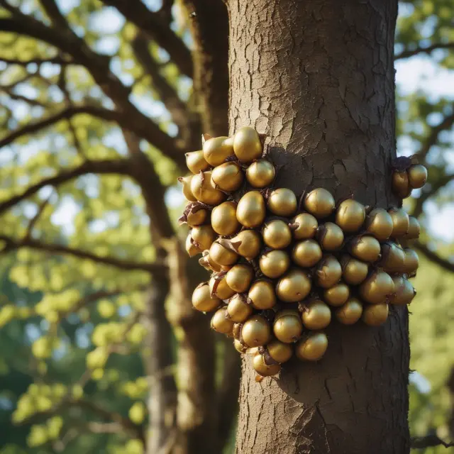 Golden acorns transforming into large trees, symbolizing the growth of compounded interest through various compounding periods