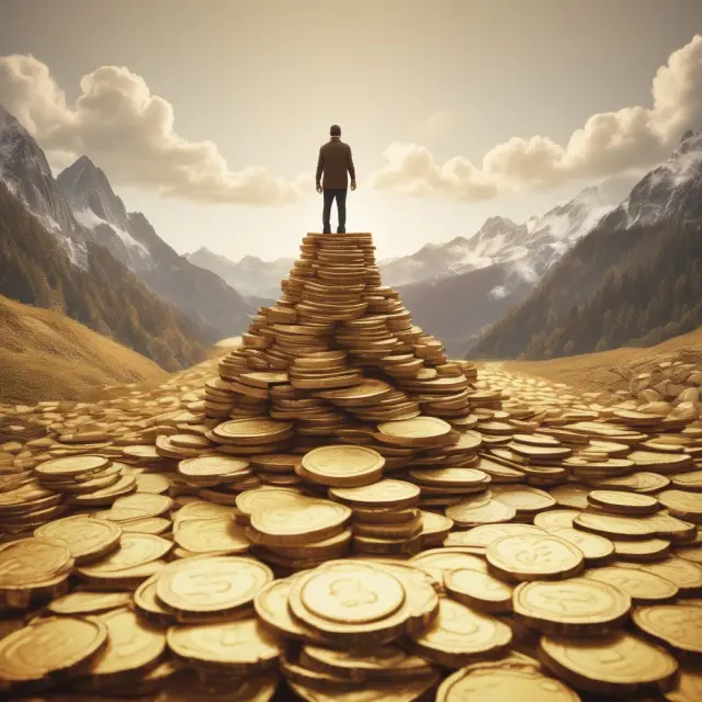 Person on a hill of gold coins surrounded by smaller hills - Compound Interest enhancing savings/investments.