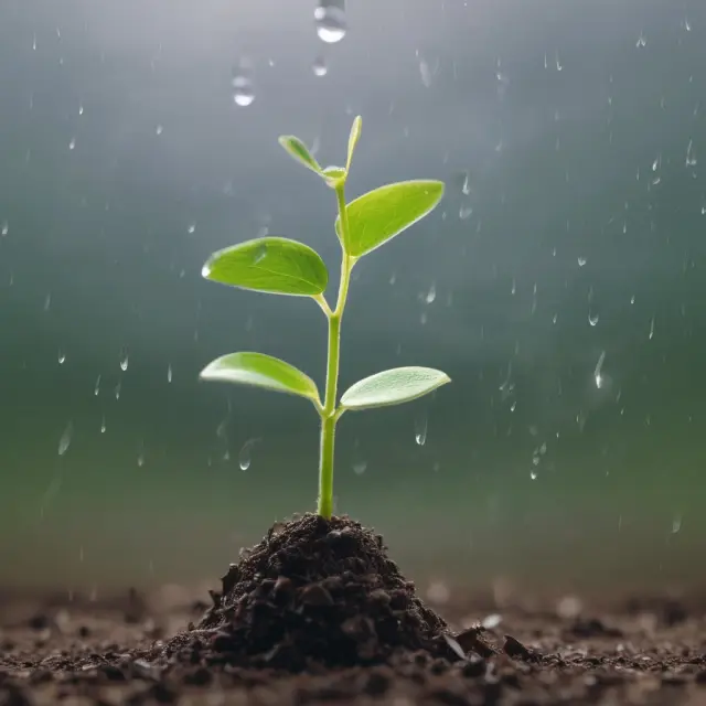 An image of a seedling growing from a small acorn to a towering tree, with raindrops symbolizing compounded interest added at each growth stage.