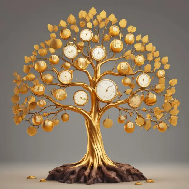 A golden tree with branches representing compounding interest and fruits symbolizing Time Value of Money concepts