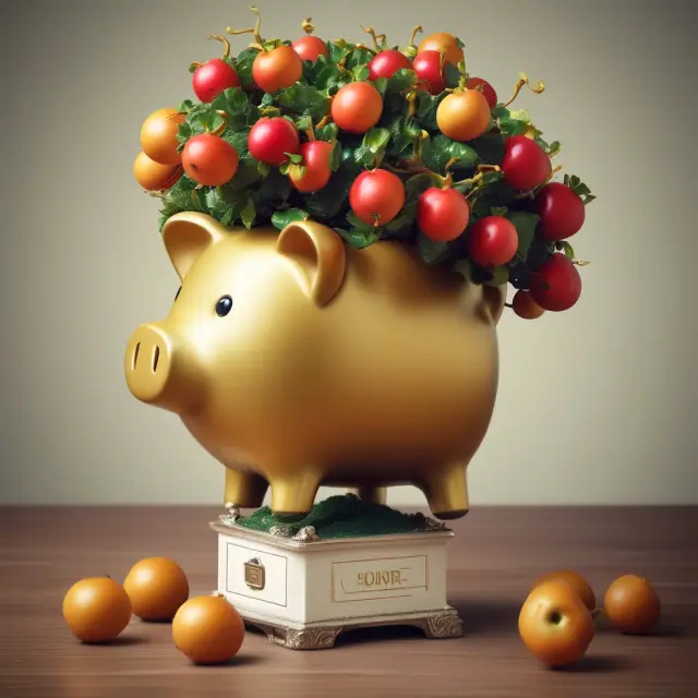 Golden piggy bank with a fruitful tree growing from it, representing compound interest growth