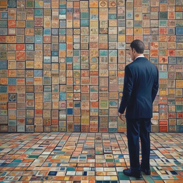 An institutional investor meticulously analyzing a colorful mosaic of financial data tiles, representing the net income and other comprehensive income components for various companies