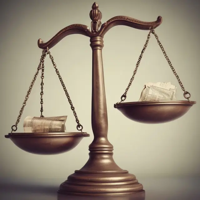 An image of ancient scales balanced on a table, with current market data represented as weights carefully placed to maintain equilibrium