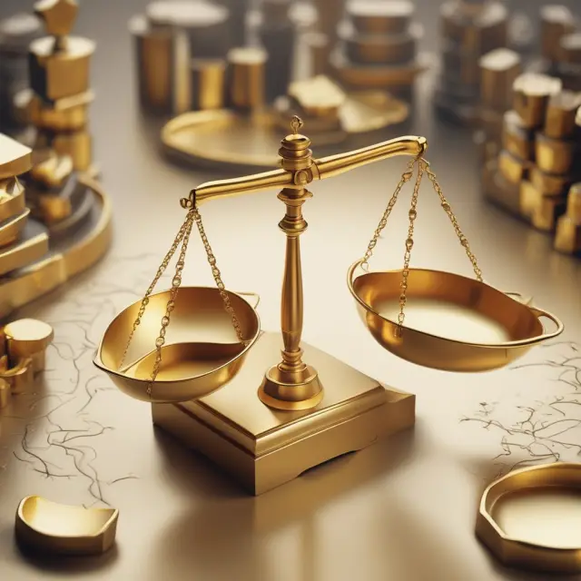 A golden scale in equilibrium with two pans, each labeled 
