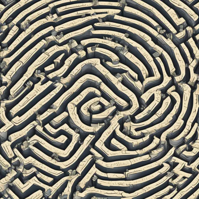 A complex maze represents the financial industry with insider trading as a serpent lurking in its corners and agency problems manifesting as labyrinth walls