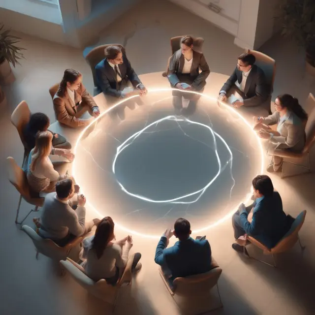 People sitting around a transparent table with a glowing aura, representing ethical guidelines and disclosure in preventing conflicts of interest.