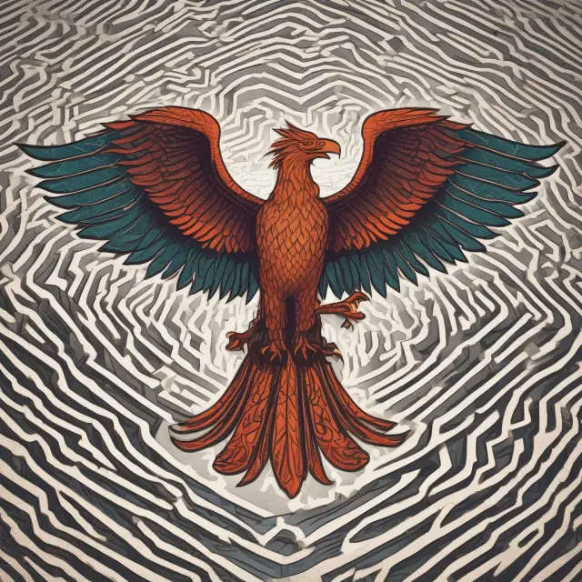 A metaphorical representation of conflicts of interest in finance, showing a phoenix emerging from a maze of stock charts, symbolizing the struggle between ethical conduct and self-interest.