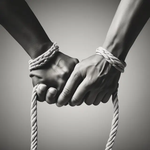 A metaphorical image of two hands representing groups or individuals in conflict, tugging at opposite ends of a single rope, illustrating the ongoing power struggles shaping societies.