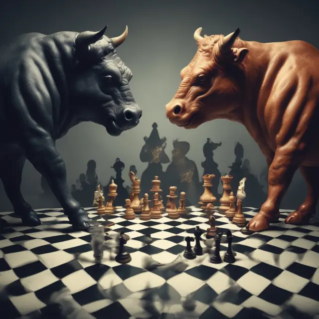 Bulls and bears symbolizing institutional investors engaged in a power struggle on a socio-economic chessboard, illustrating conflict theory