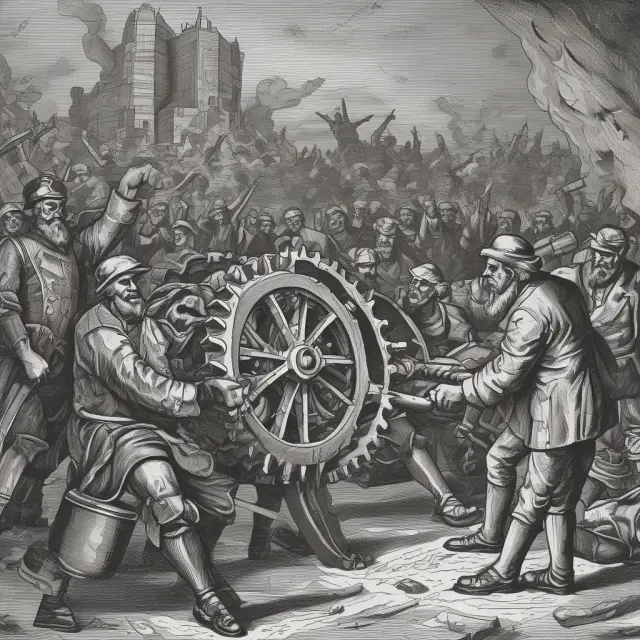Two large, interlocking gears symbolizing the struggle between bourgeoisie and proletariat in conflict theory.