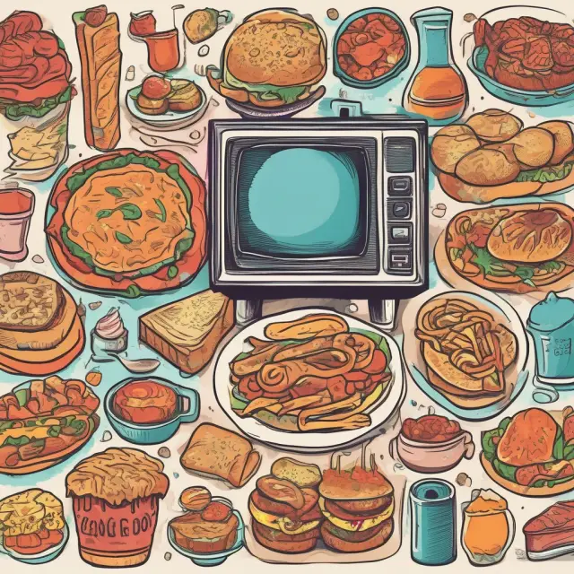 A melting pot filled with symbols representing media (newspaper, radio, TV) and food industries (apple, french fries, burger), symbolizing the diversity of conglomerates in these sectors