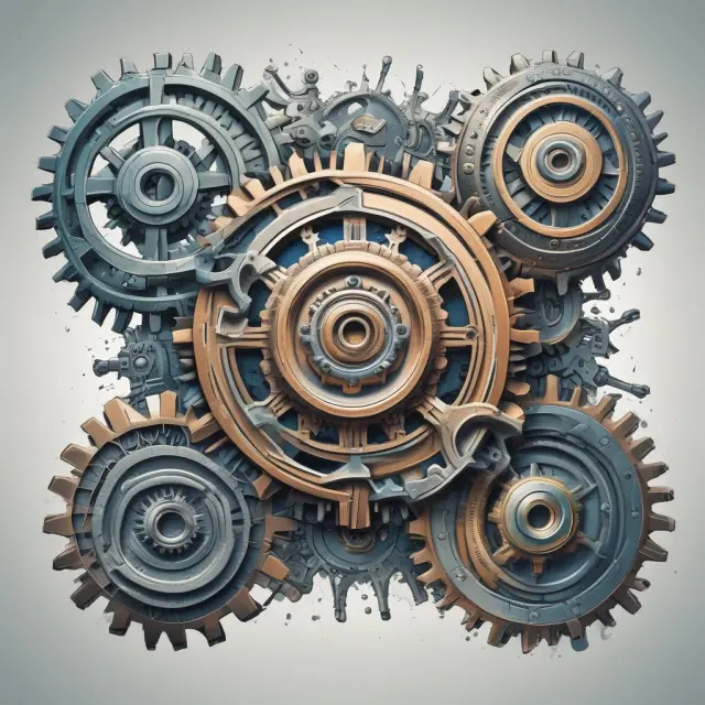 A collection of divergent gears seamlessly meshing together, symbolizing the benefits and challenges of modern conglomerates.