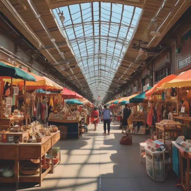 A bustling consignment marketplace featuring booths displaying artwork, furniture, clothing, musical instruments, jewelry, and vehicles for sale.