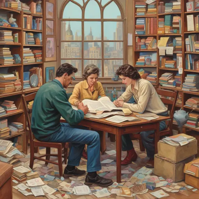 Seller discussing consignment terms with shop owner; Image depicts negotiation scene with commission rates, sales data.