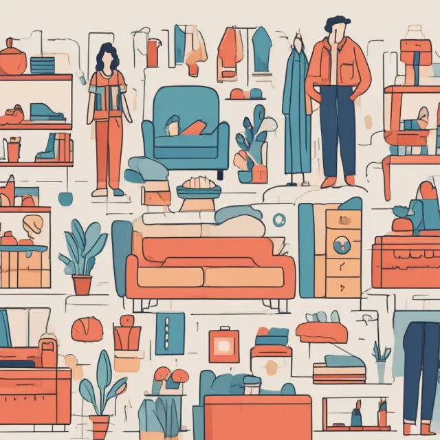 An array of digital consignment marketplaces: eBay with a vast crowd of buyers, Poshmark teeming with fashion enthusiasts, and Chairish showcasing curated furniture items