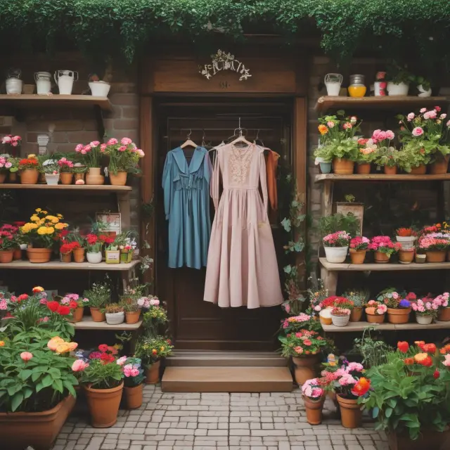 Consignment shop with blossoming items on shelves, symbolizing careful preparation and professional presentation. Prices listed on tags reflect fair pricing.