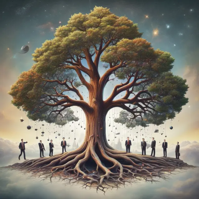 A magnificent cosmic tree formed by merging businesses, representing growth and consolidation through mergers & acquisitions