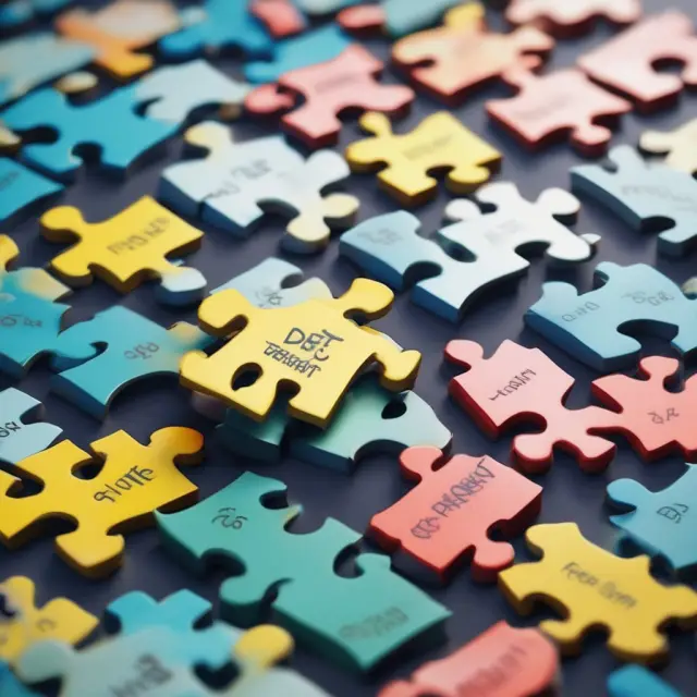 A sea of debt jigsaw puzzle pieces consolidating into a larger, single piece representing a lower interest rate.