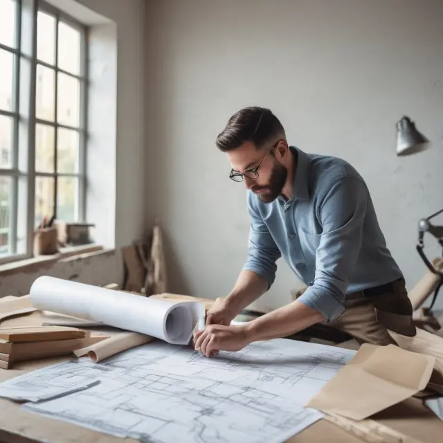 A creative illustration of an architect designing a home while surrounded by bricks and mortar, representing the process of obtaining a construction loan for building or renovating a property