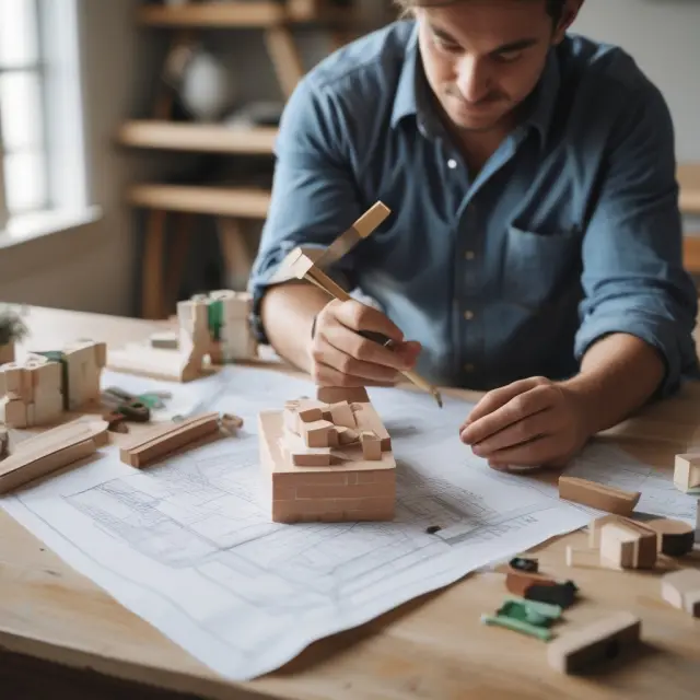 An artisan constructs bricks and studies blueprints while considering various mortgage options on a table for an owner-built home