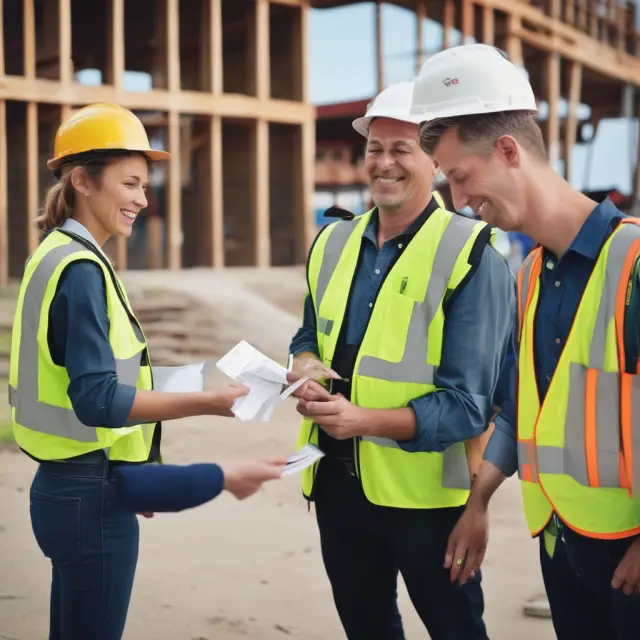 Lenders from a local credit union and regional bank providing keys to a builder at a construction site, symbolizing their role in the financing of projects within their community