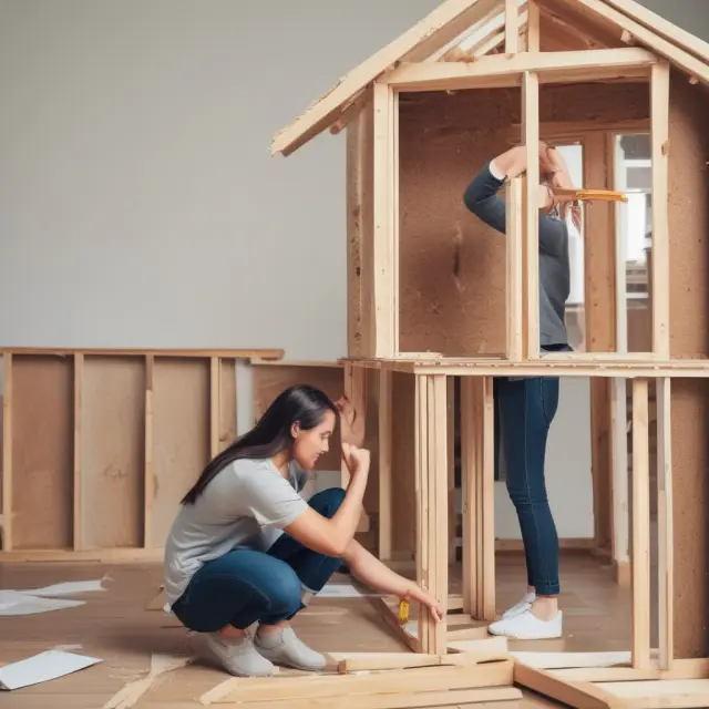 Woman constructing her dream home with a flexible construction loan. Stages include drawing plans, pouring foundation, framing, and finalizing the project.
