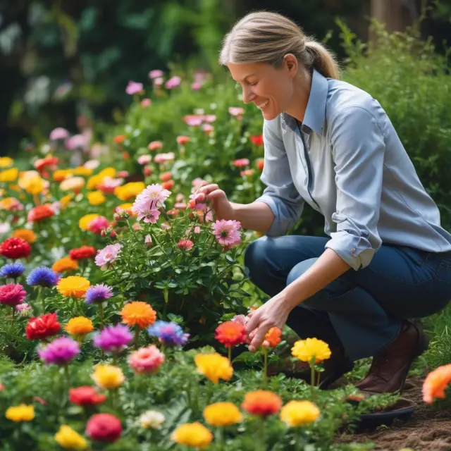 A gardener carefully tends to three vibrant flowers representing dollar-cost averaging, index investing, and actively managed funds in a consumer discretionary ETF garden.