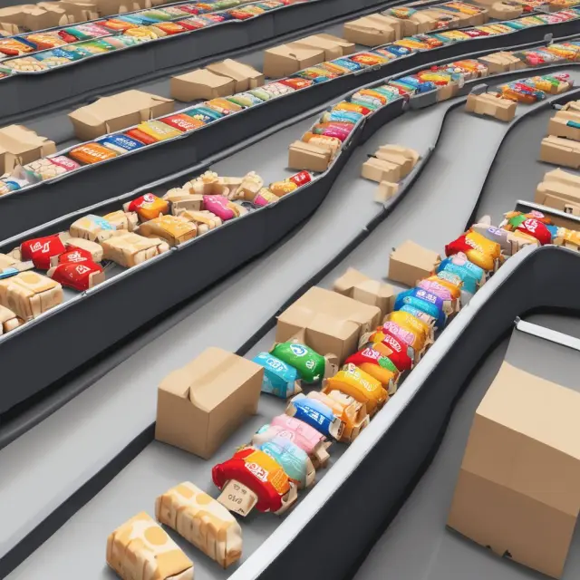 A colorful array of consumer goods in motion on a supermarket conveyor belt, illustrating the fast pace and flexibility of the FMCG sector.