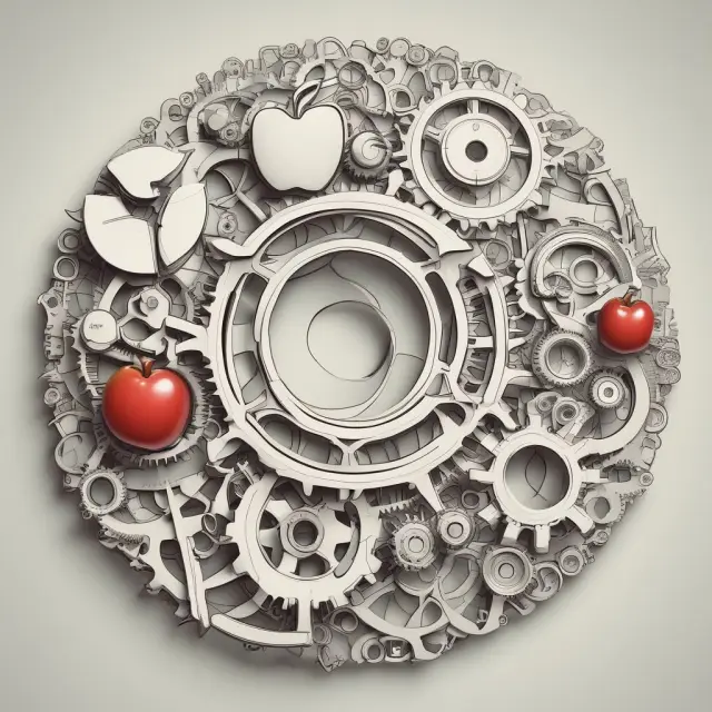 Image depicting interconnected gears symbolizing capital goods and an apple basket signifying consumer goods