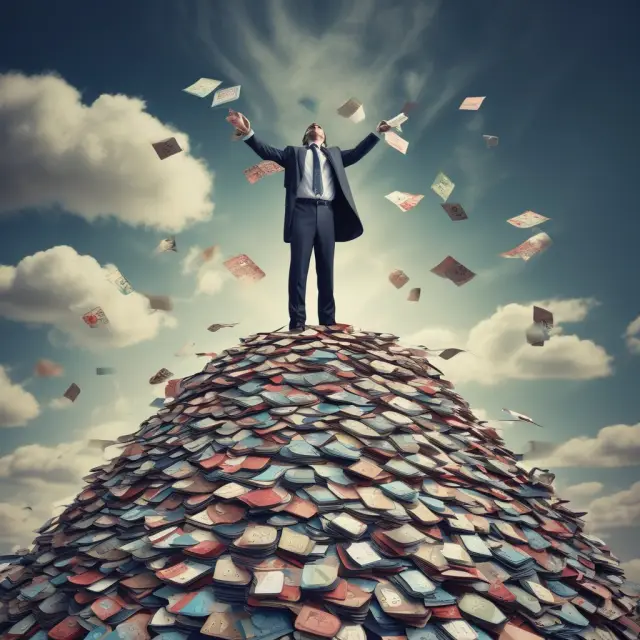 Person on mountaintop with various credit cards, demonstrating the convenience and versatility of consumer credit