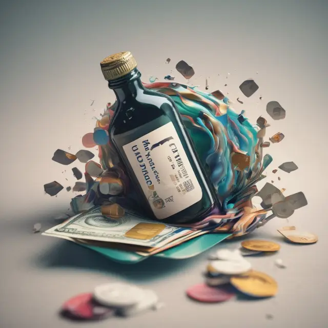 A credit card pouring money from an overflowing bottle, representing consumer credit disadvantages: overspending and debt
