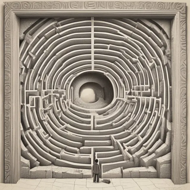 A mysterious labyrinth representing FAQs about consumer credit, featuring doors labeled with questions and answers within