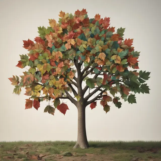 Tree with changing leaves representing various consumerist eras, from ancient civilizations to modern times