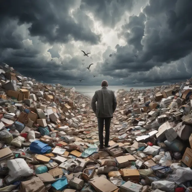 A chaotic seascape with a storm brewing over an ocean filled with material possessions, symbolizing the psychological impact of consumerism.