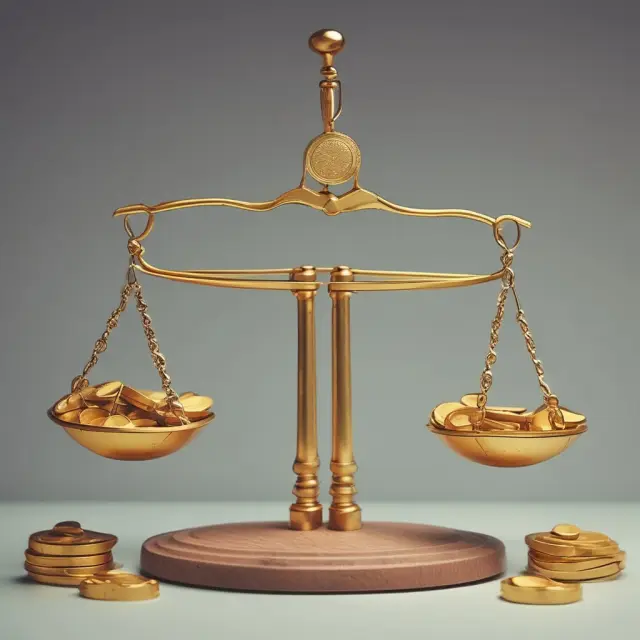 Golden scale weighing advantages (gold coins) and disadvantages (experiences), reflecting consumerism