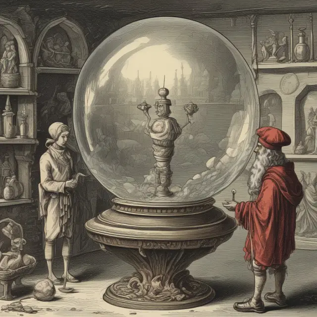 Oracle examines crystal ball containing goods, reflecting CPI-driven price changes