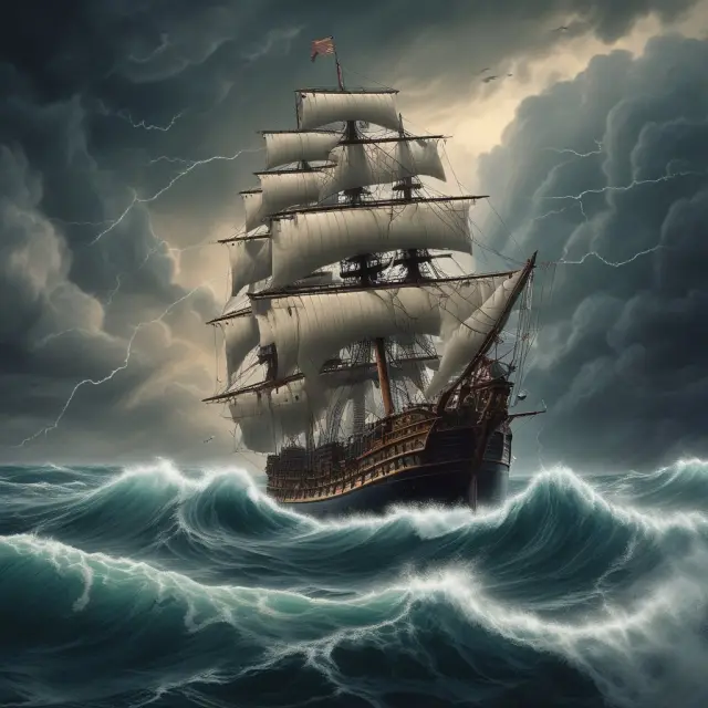 Image of a sturdy ship navigating turbulent waters while safeguarding essential business data in the cloud and maintaining secure communications