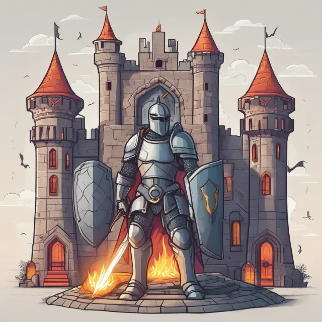 A cybersecurity knight standing protectively before a digital castle, holding a shield emblazoned with firewall symbols to safeguard against cyber attacks