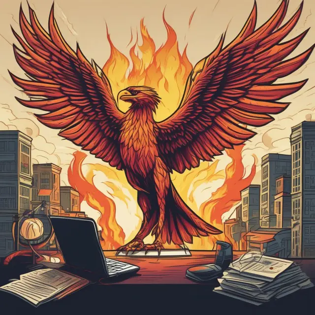 A mythical phoenix rises from a fire while holding a laptop and briefcase to illustrate effective contingency planning