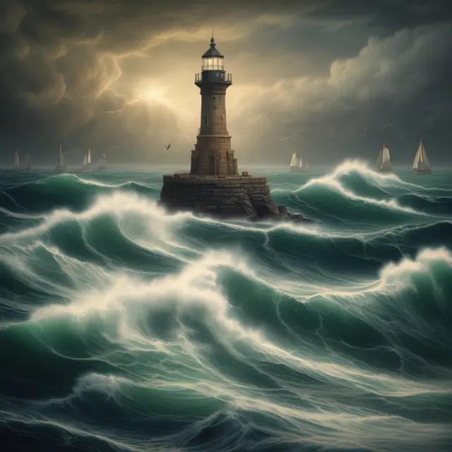 Businesses navigating through turbulent waters, guided by contingency planning (lighthouse). SEO: business continuity, risk management