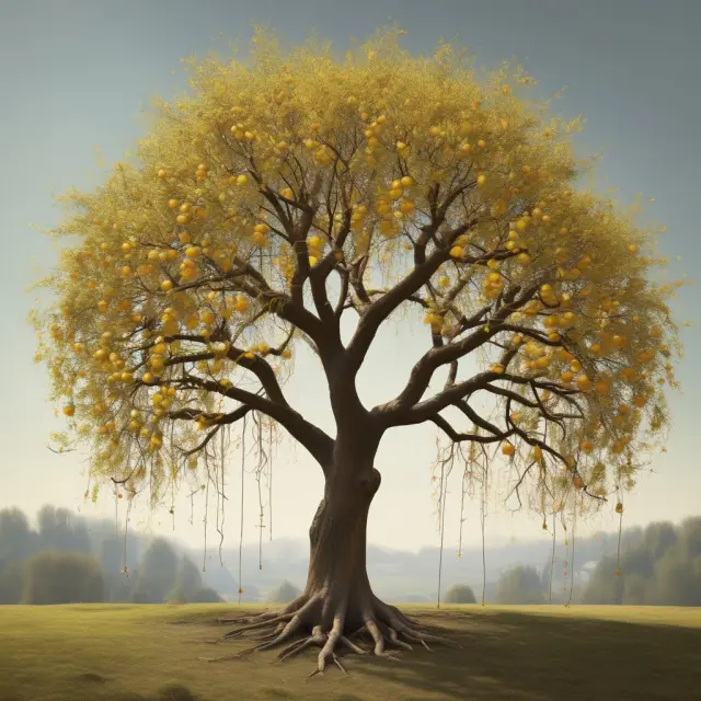 A willow tree with golden apples on its branches: one branch for a primary beneficiary and several in the wind for contingent beneficiaries.