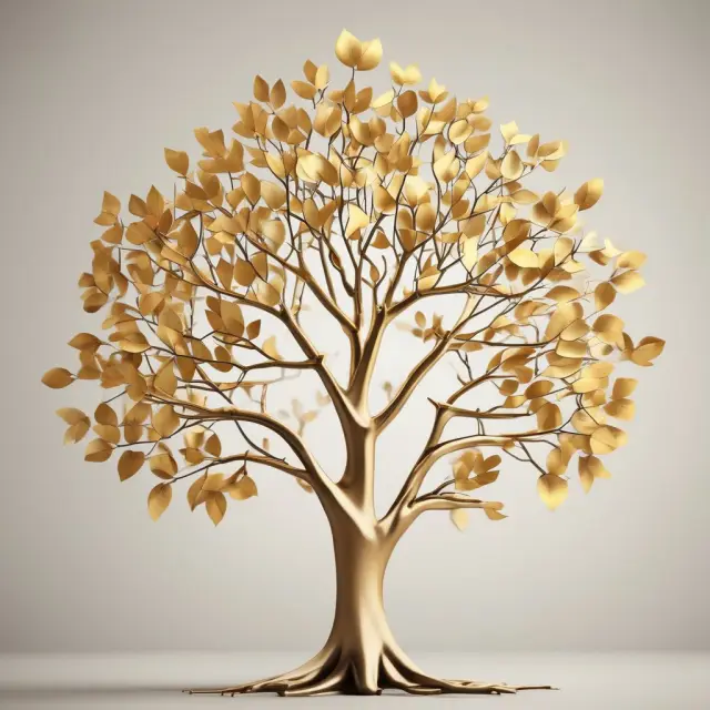 A tree with gold leaves representing retirement accounts; its branches change to depict multiple beneficiaries, emphasizing contingency planning