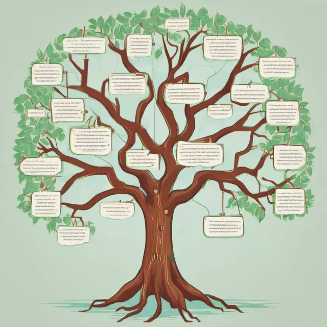 A metaphorical tree with a will at its base, displaying branches that bear several individuals symbolizing contingent beneficiaries, representing estate planning and asset distribution