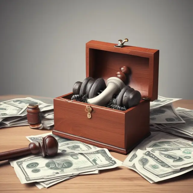 A gavel smashing open a treasure chest, unveiling lawsuits and potential estate settlements as contingent assets