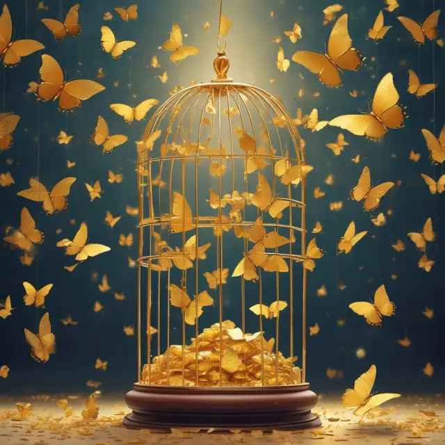 A European bank releasing golden butterflies from a cage adorned with regulatory symbols, representing the transformation of Contingent Convertible Bonds (CoCos)