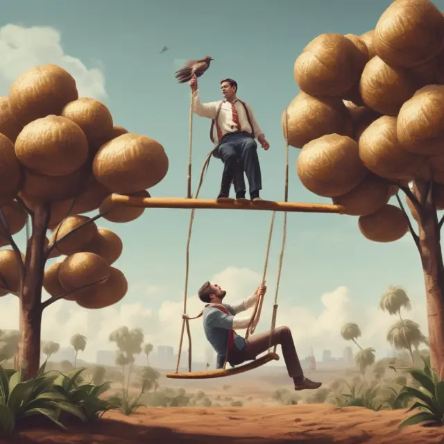 European investor holding a golden scale with high yields on one side and potential stock appreciation on the other, sitting atop a seesaw amidst a collection of CoCo securities