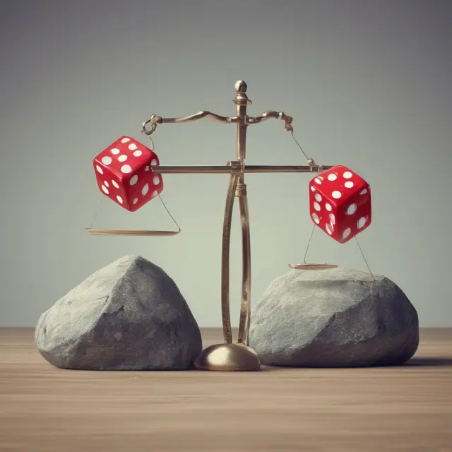 Dice rolling on a scale, symbolizing the uncertain nature of contingent liabilities in finance