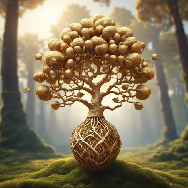An image of a golden acorn growing infinitely, with each branch representing the reinvestment and earning interest in continuous compounding