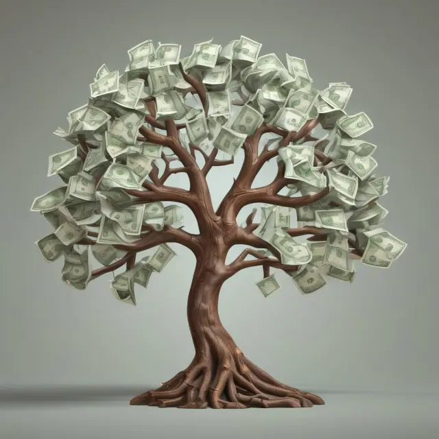 A tree growing from an initial deposit, with branches representing continuous compounding and exponential growth in financial planning